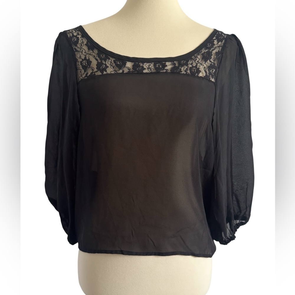 Wet Seal Black Chiffon Sheer Lace Whimsigoth Whimsical Blouse Size Medium